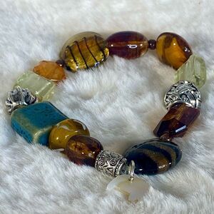 Multicolor Beaded Stretch Bracelet with Elephant Charm One Size Fits Most